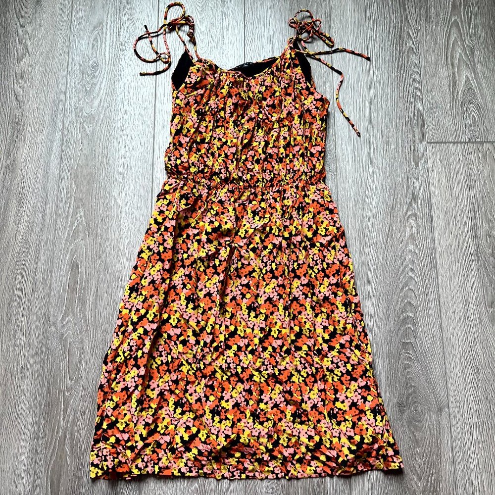 Theory 100% silk floral spaghetti Strap Floral Dress Orange yellow black size s